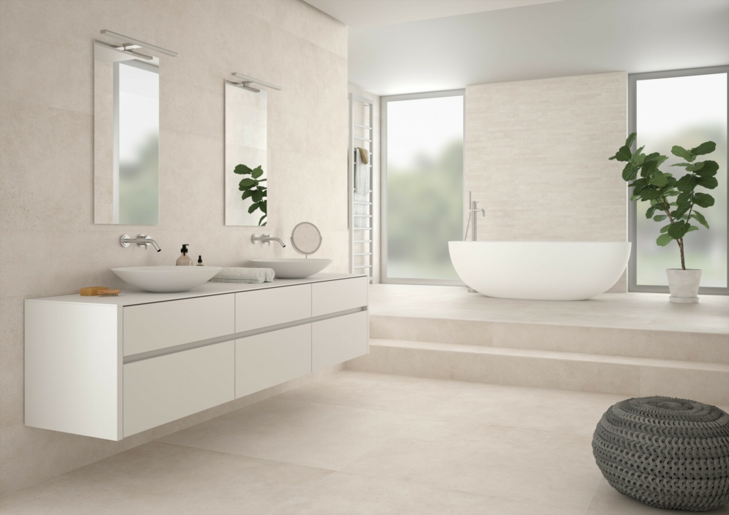 Salle de bain imitation béton ciré blanc