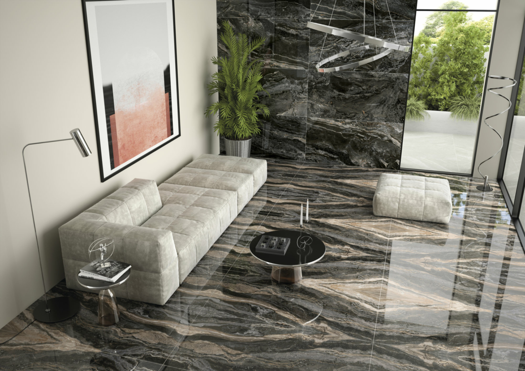 Salon avec sol grand format noir