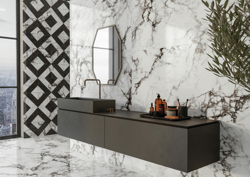 BRECCIA-WHITE-75X151-EP_D-BRECCIA-WHT-PEPPER-DIAGONALE-30X30-EP_AMB_SZ1 Salle de bain imitation marbre blanc