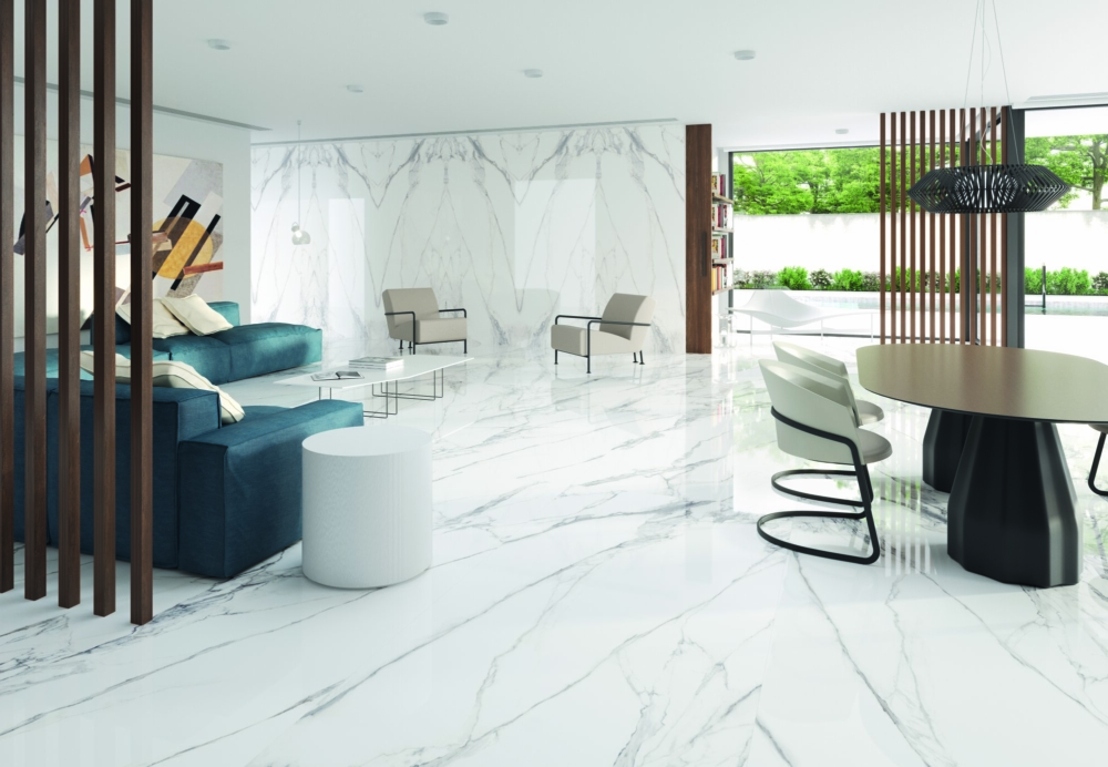 Salon carrelage grand format blanc et noir