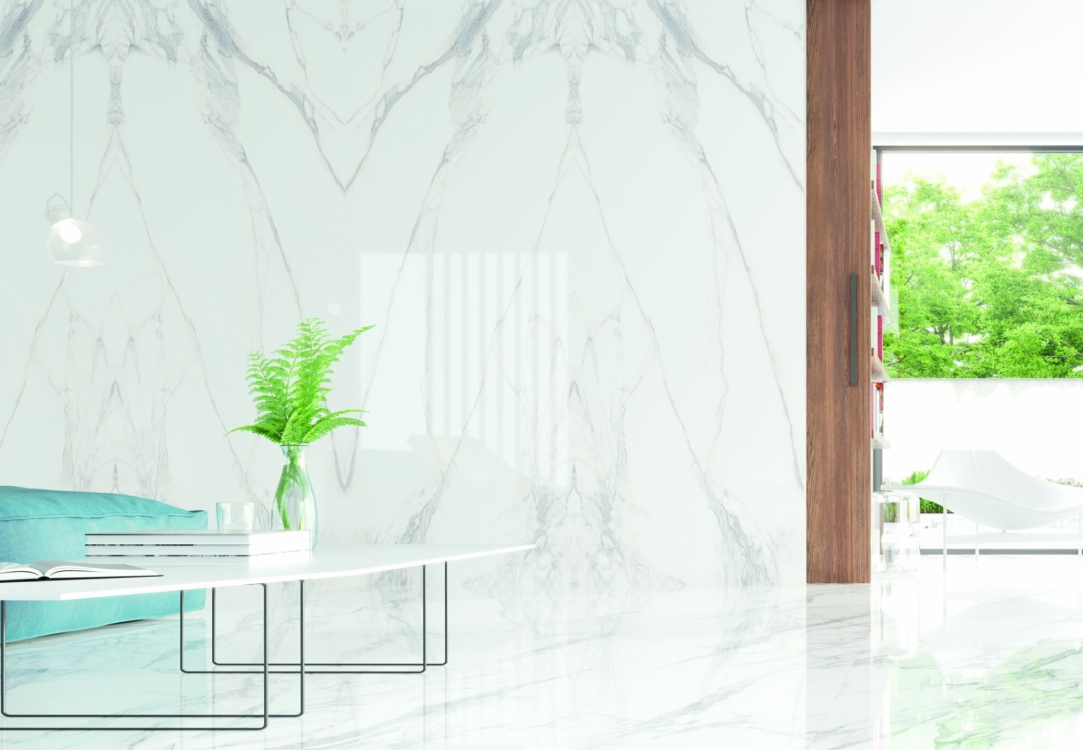 Salon avec sol et mur grand format blanc