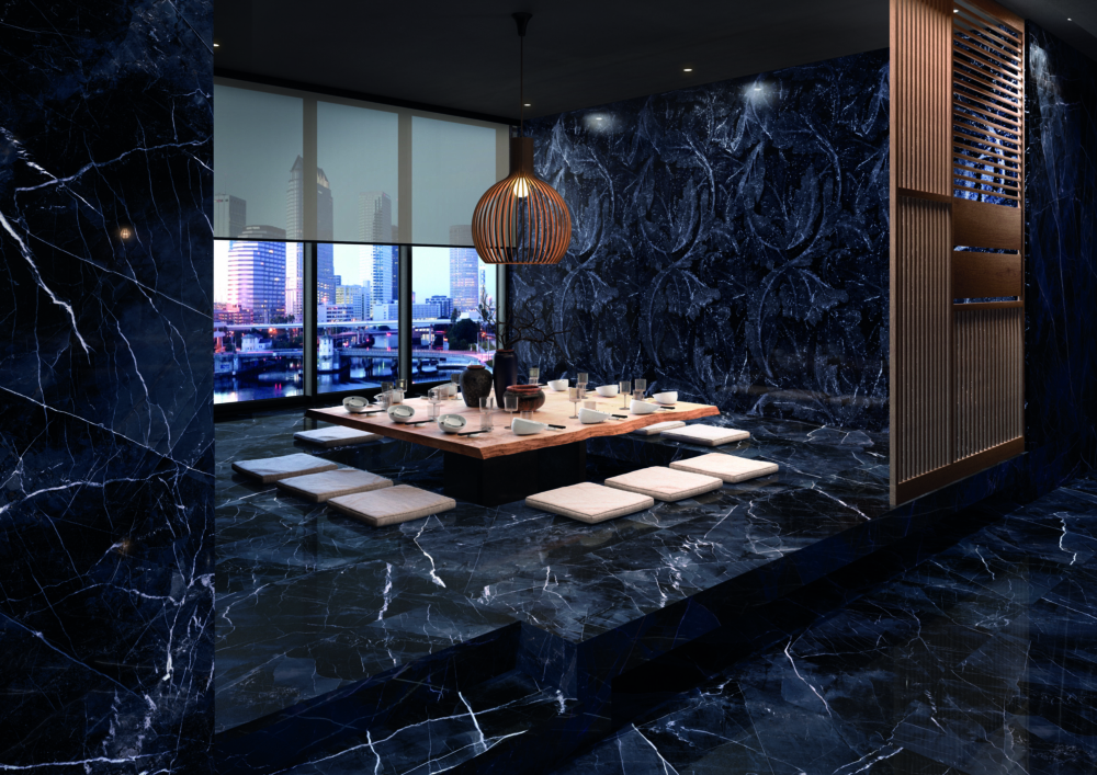Calacatta Black 120x278-60x120 Acanto 120x278 Amb. Ristorante Salle à manger imitation marbre noir