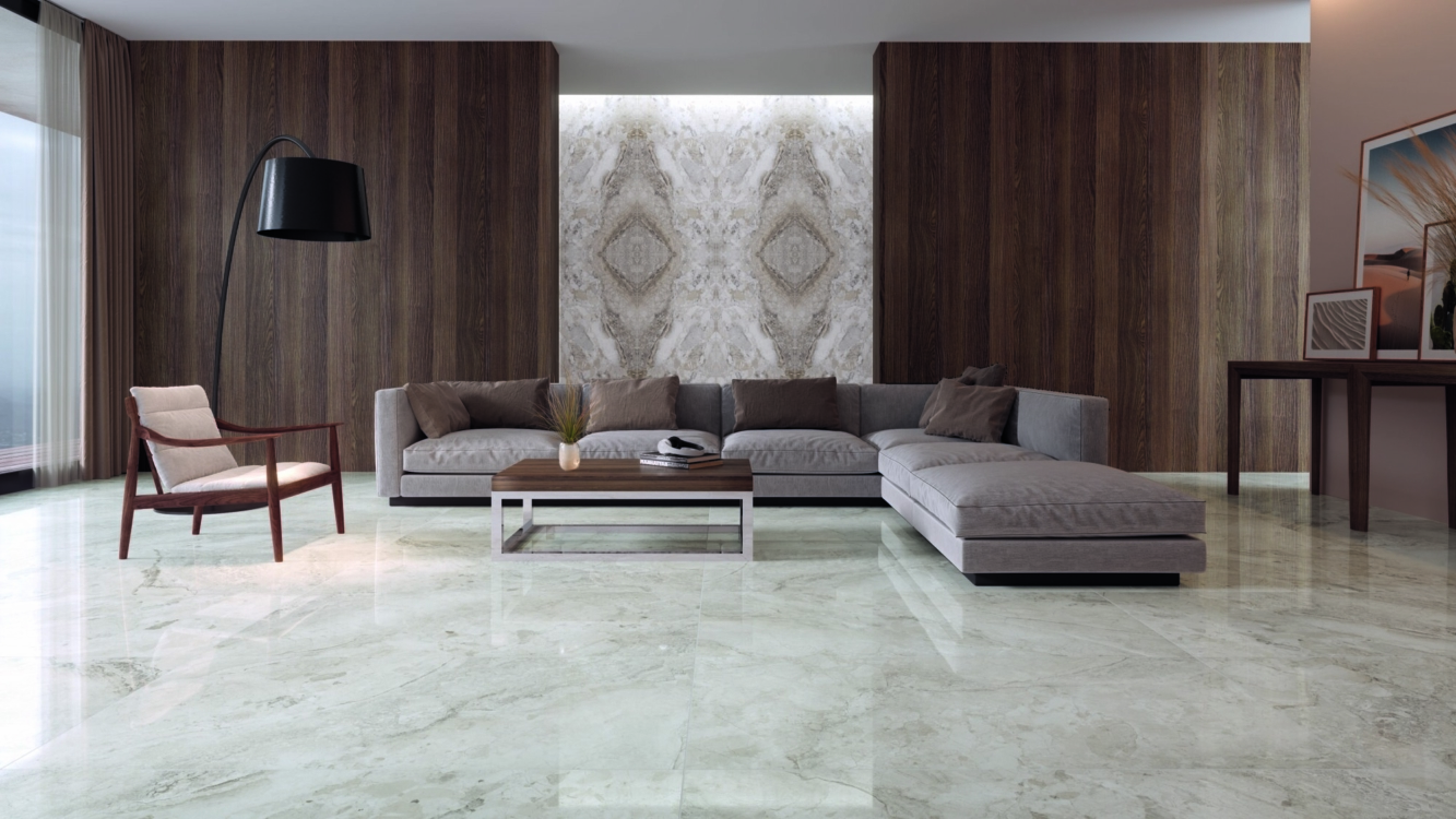 Salon carrelage grand format gris