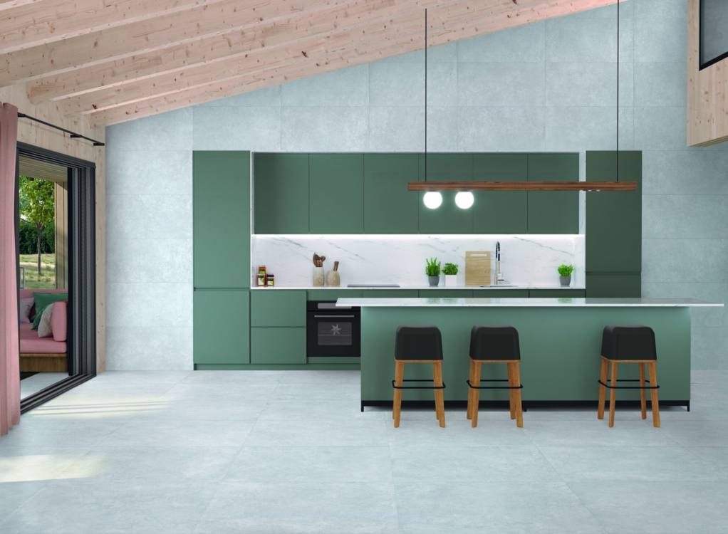 Cuisine avec carrelage imitation béton ciré