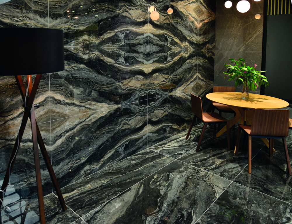 Mur et sol grand format noir et doré