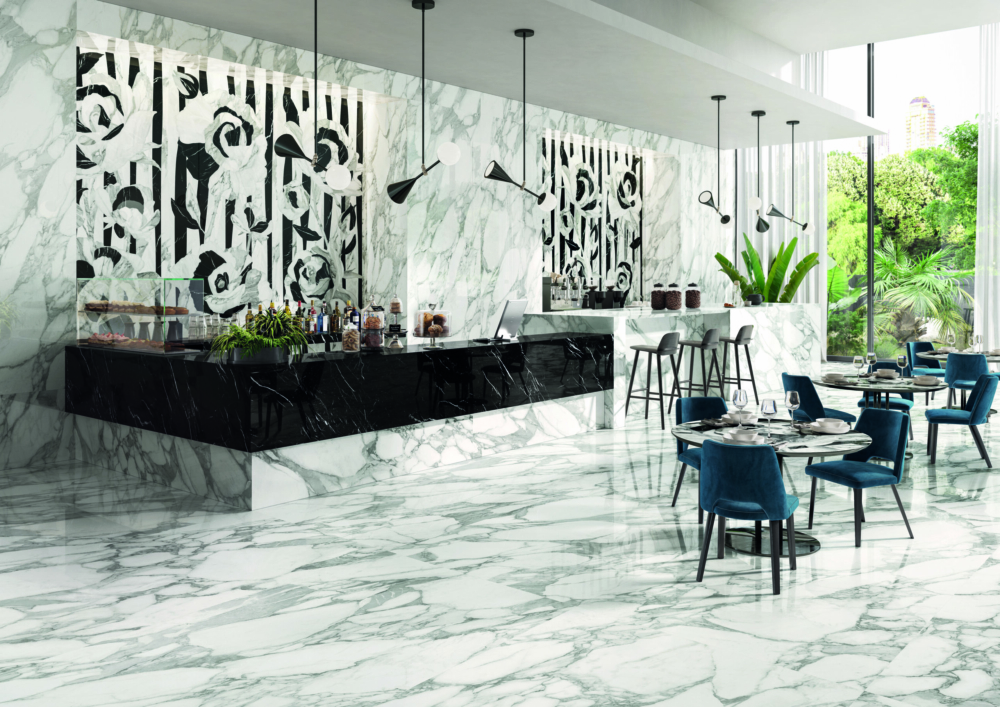 TDM Selection Corchia-Nero Marquina-White Paradise-Tarsia 120x278 Amb Bar Restaurant effet marbre blanc