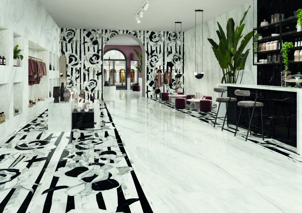 TDM Selection White Paradise-Nero Marquina-Tarsia 120x278 Amb Negozio boutique de vêtement imitation marbre blanc et noir avec motif de fleur