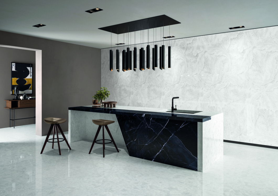 TDMR Thassos 120x278-60x120 Acanto 120x278 Calacatta Black 120x278 Amb. Cucina Cuisine imitation marbre noir et blanc