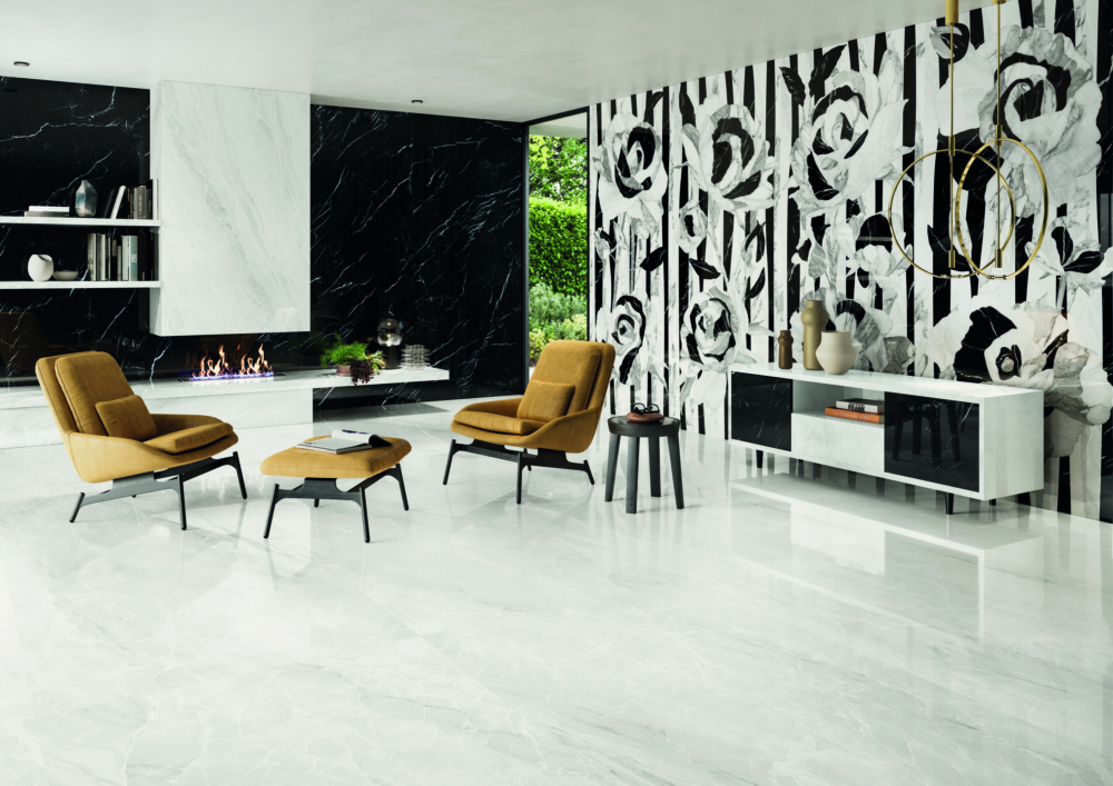 TDM_Selection white_marquina 120x278_decoro_living Séjour imitation marbre blanc et noir avec motif de fleur