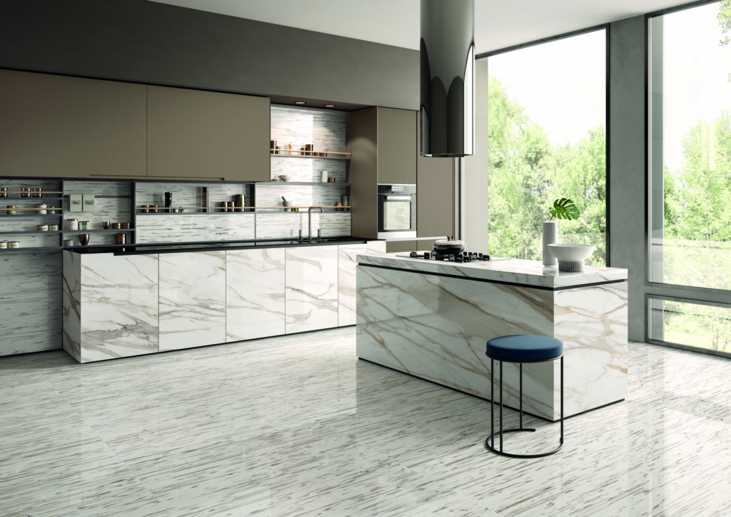 TdM Reloaded calacatta 120x120_doghe_fondo120x240_60x120 cucina01 Cuisine imitation marbre blanc et marron