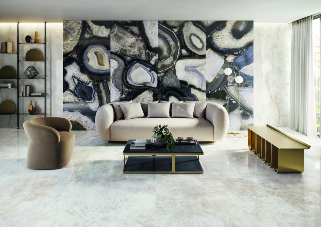TdmPrecious Agate Black-Crystal White 128x278 Amb Living Séjour imitation marbre blanc et noir crystal