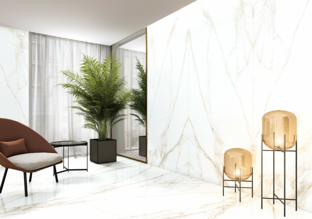 Sol et mur grand format blanc et doré