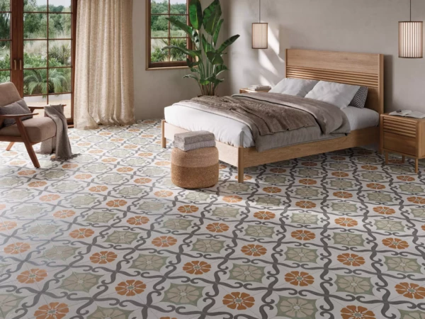 CARREAUX CIMENT FLORAL VERT ET ORANGE