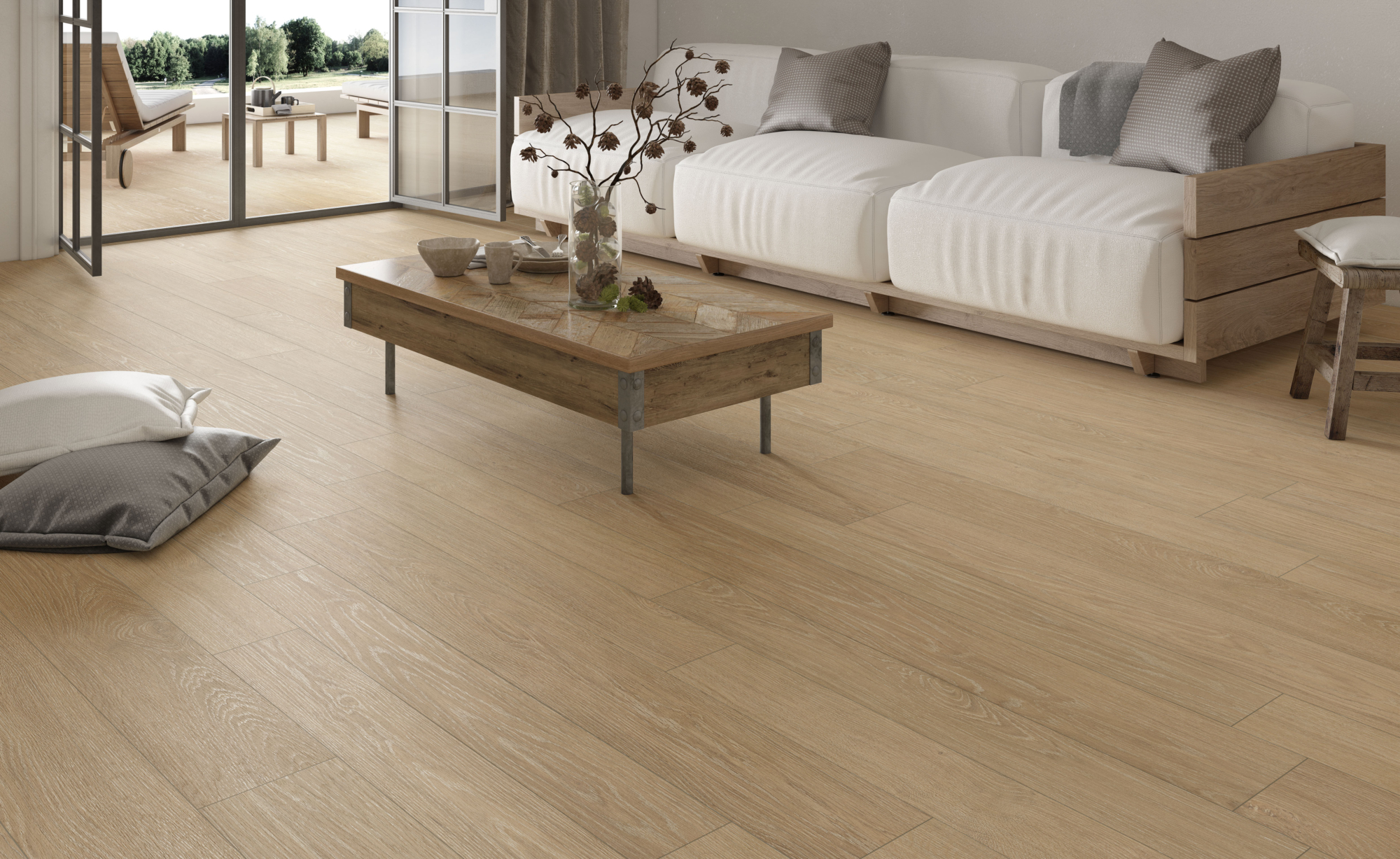 Séjour avec sol en carrelage imitation parquet chêne clair