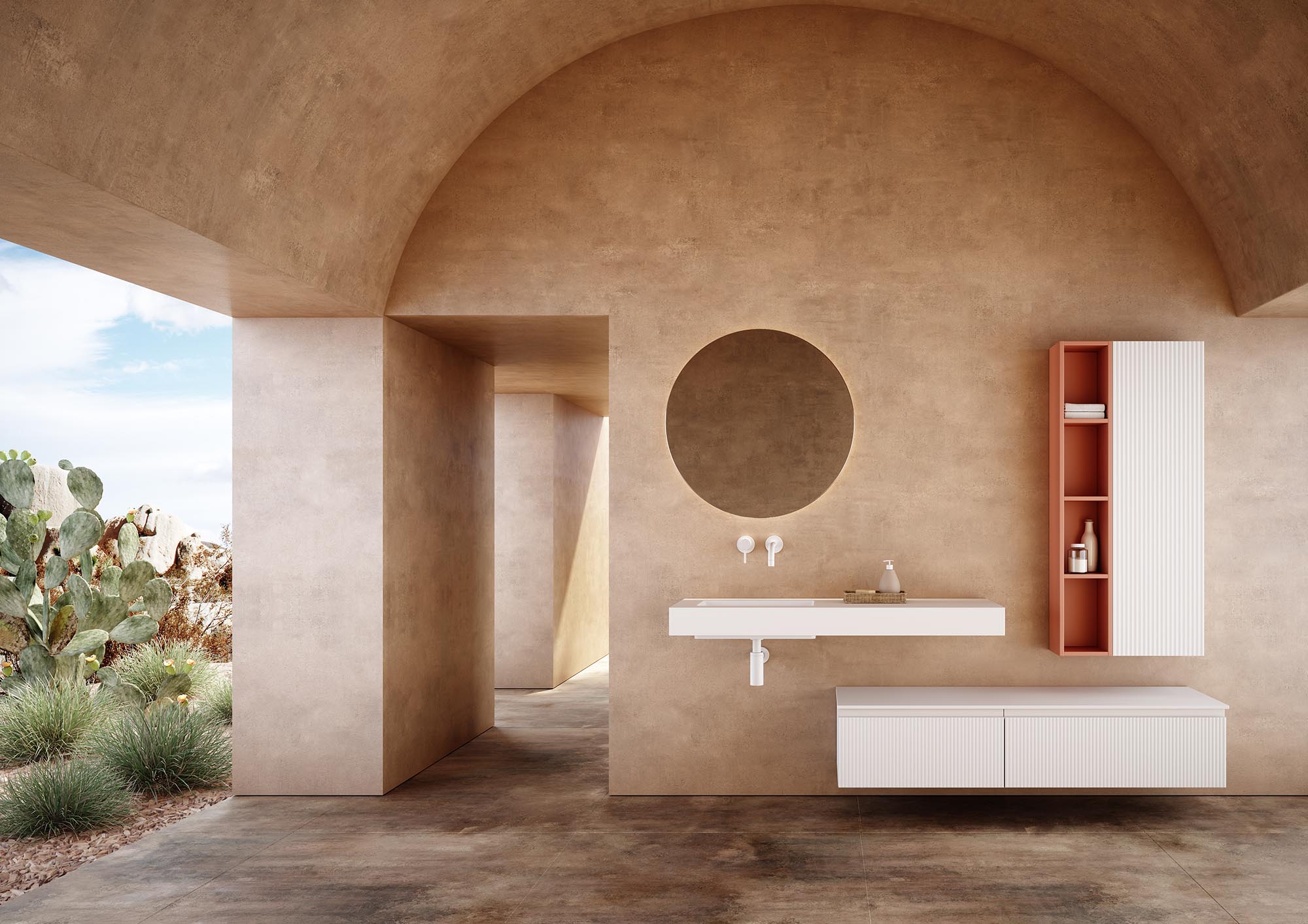 Meuble de salle de bain cannelé blanc mat avec console et colonne rouge