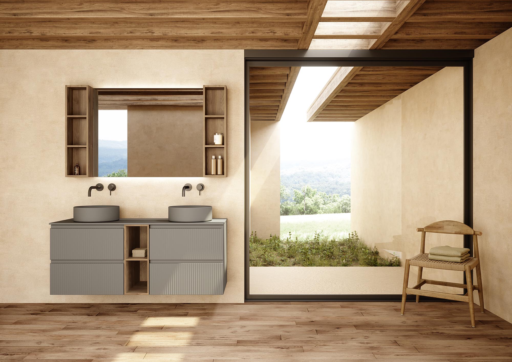 Meuble double vasque cannelé couleur sable avec niche en noyer