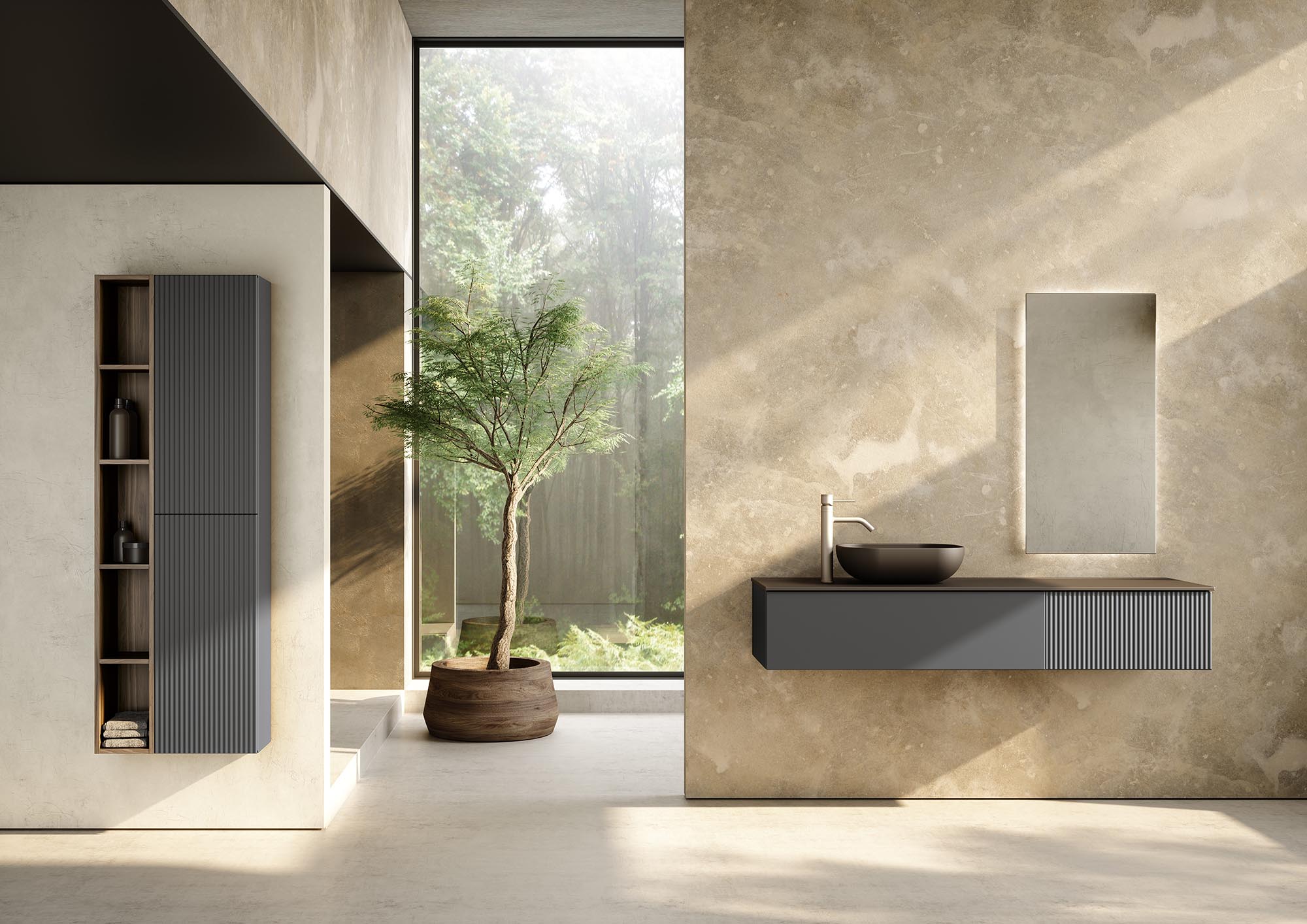 Meuble de salle de bain cannelé couleur havane