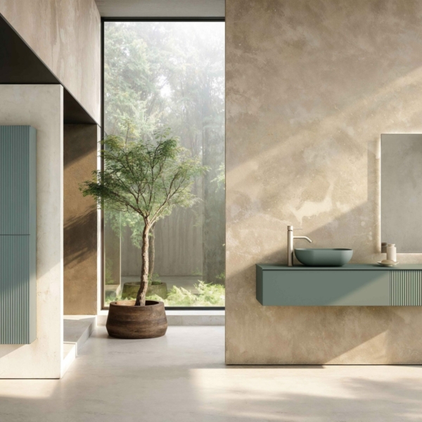 Meuble de salle de bain cannelé suspendu vert minéral avec vasque à poser et colonne