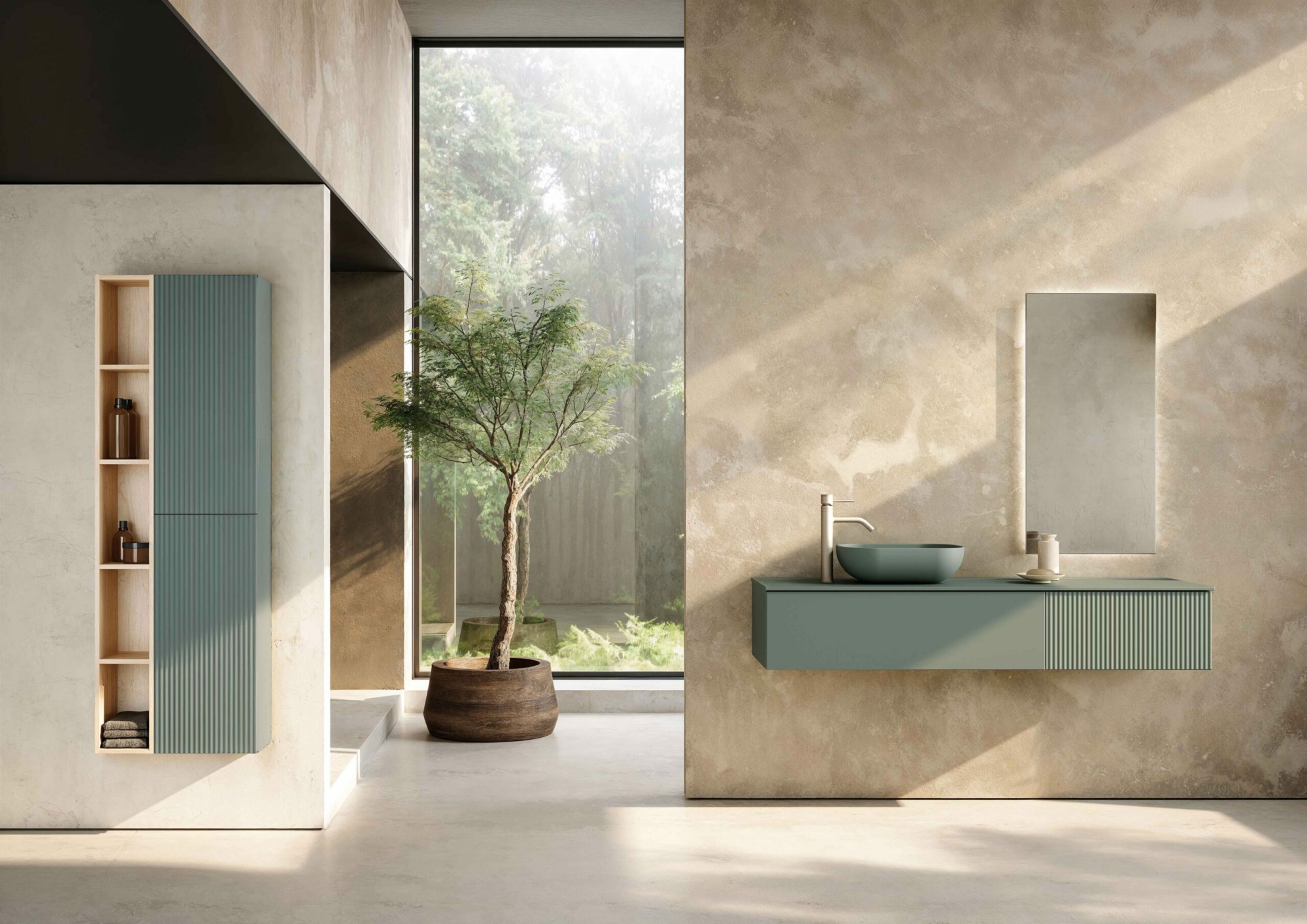 Meuble de salle de bain cannelé suspendu vert minéral avec vasque à poser et colonne