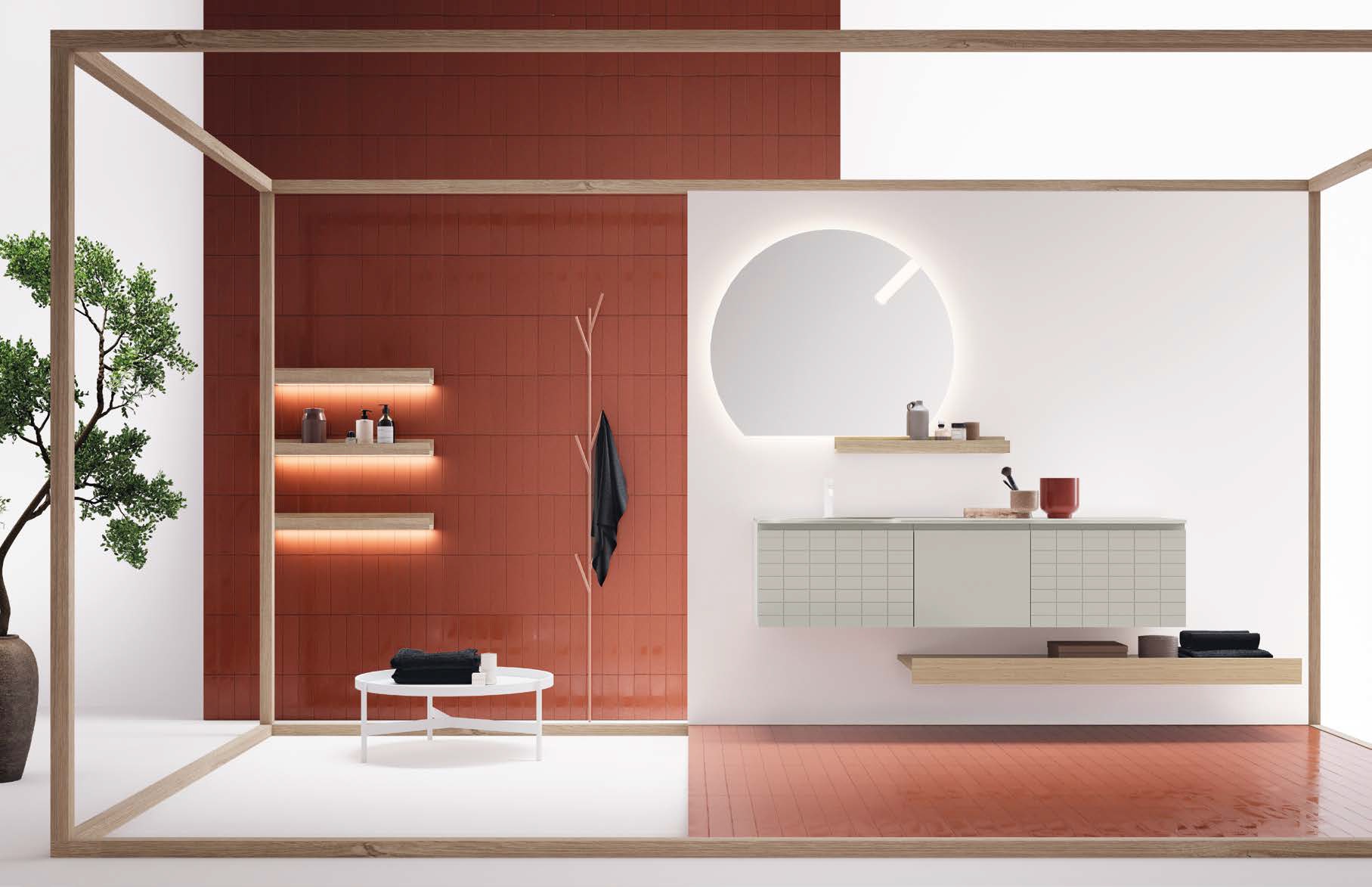 Meuble de salle de bain à façade relief avec miroir rond lumineux