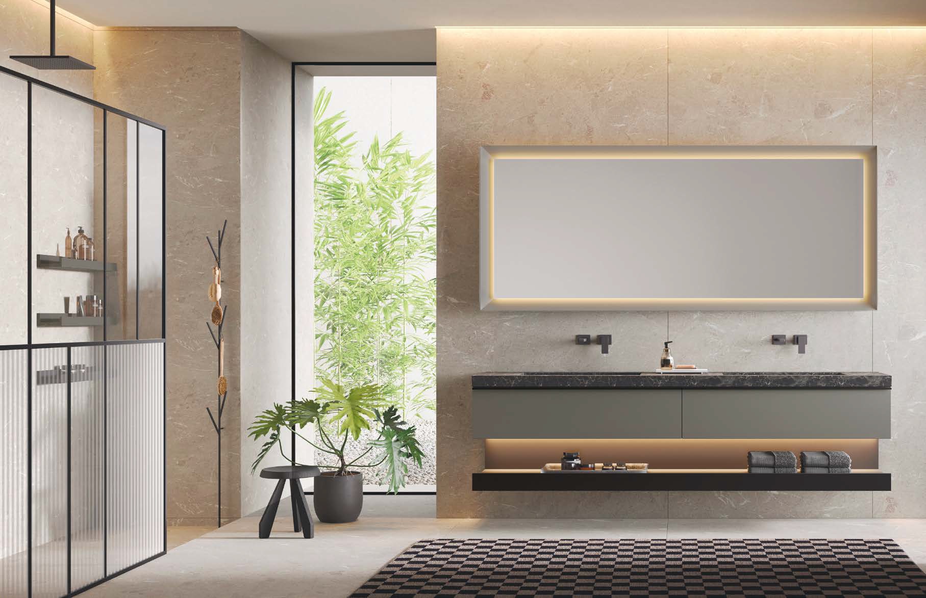 Meuble de salle de bain suspendu modulable avec étagère et miroir