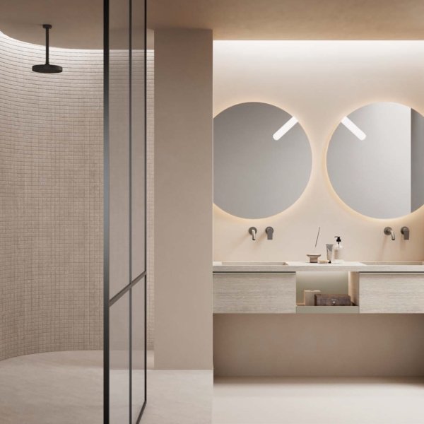 Salle de bain avec meuble suspendu double vasque et miroirs ronds LED