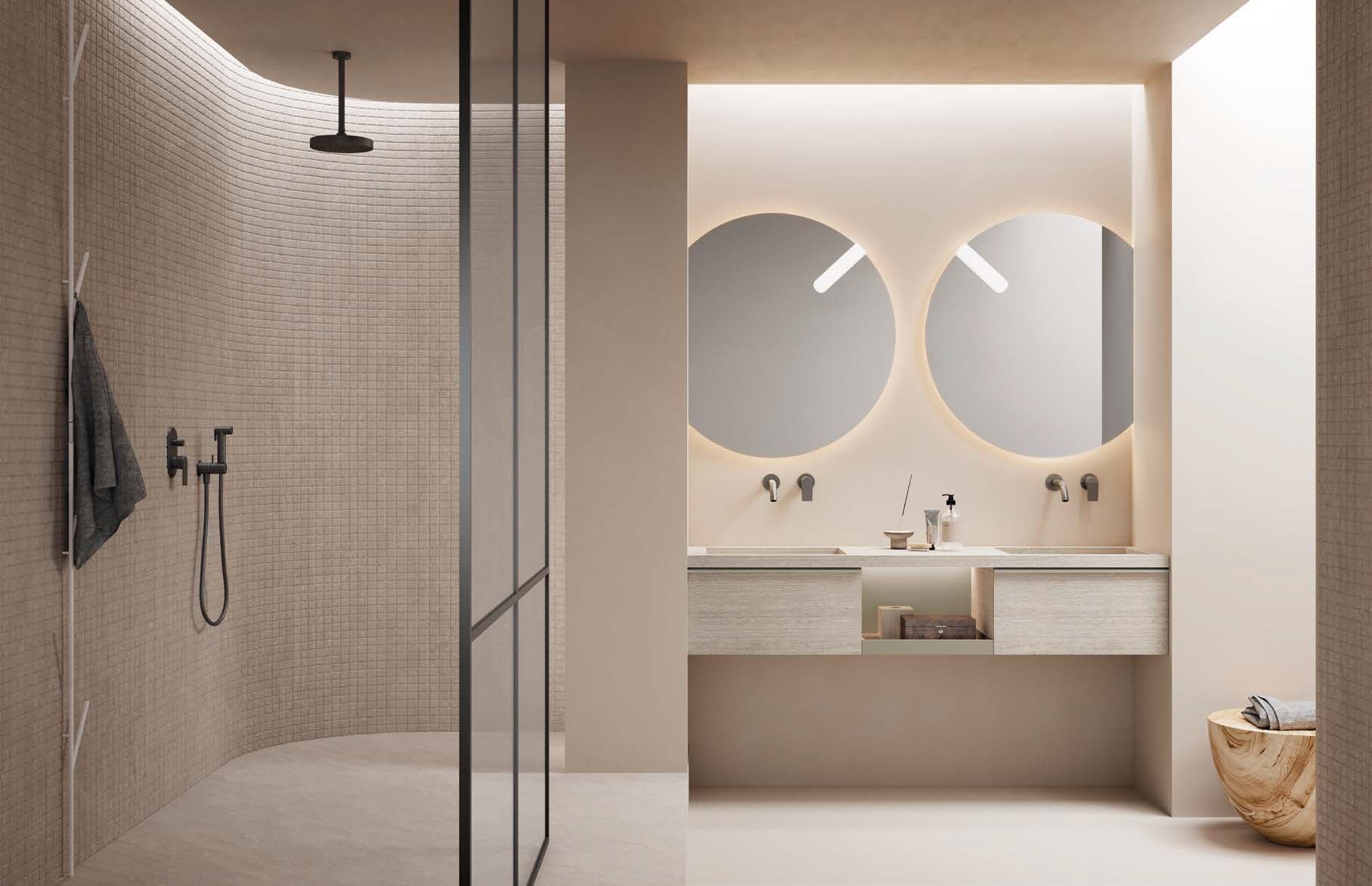 Salle de bain avec meuble suspendu double vasque et miroirs ronds LED
