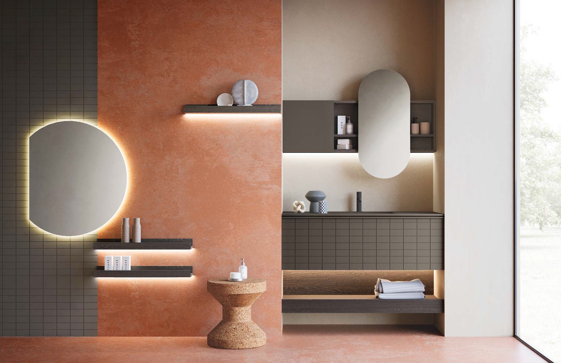 Composition de meuble salle de bain suspendu dans une ambiance terracotta